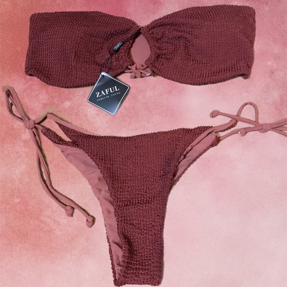 Zaful Brown Bikini Set with Bandeau Top and Adjustable Ties